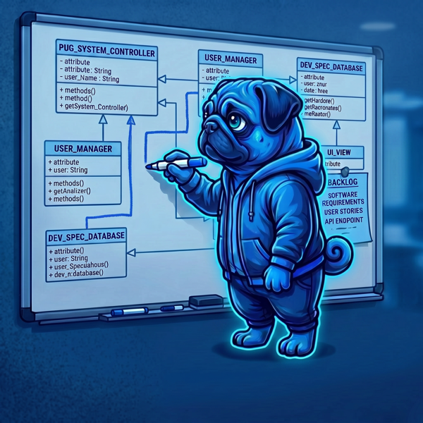 Blue Pug mascot designing system architecture
