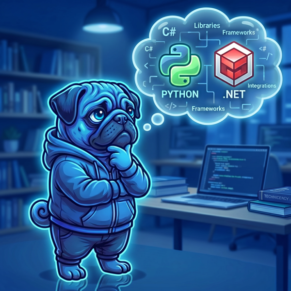 Blue Pug mascot thinking about technology selection
